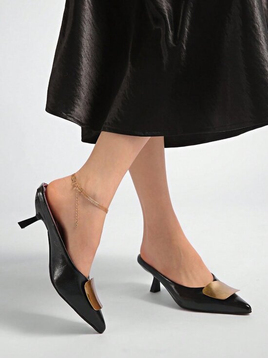 Black Fashionable Women's Pointed Toe Metal Buckle High Heel Pumps - Picture 6 of 8